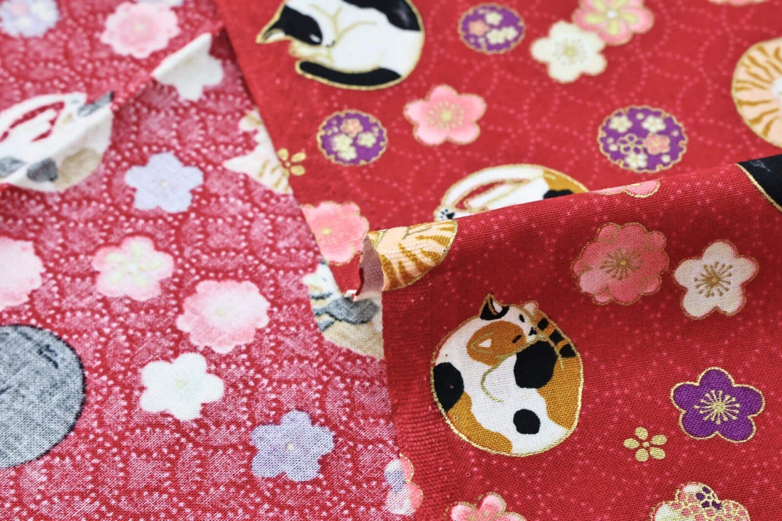 Japanese fabric sleeping cats and Ume red background