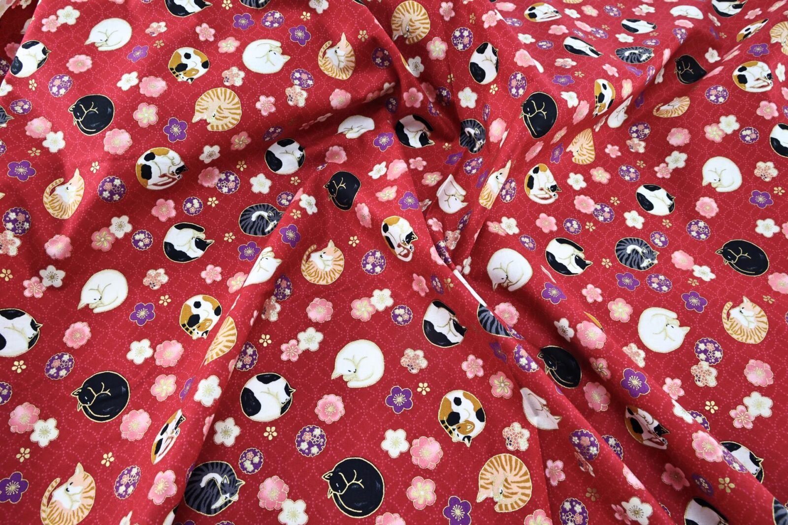 Japanese fabric sleeping cats and Ume red background