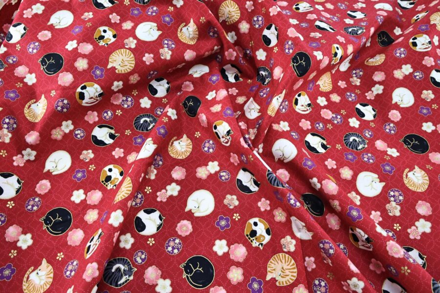Japanese fabric sleeping cats and Ume red background