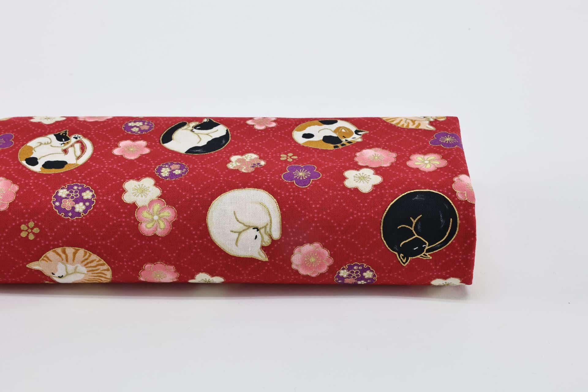 Japanese fabric sleeping cats and Ume red background