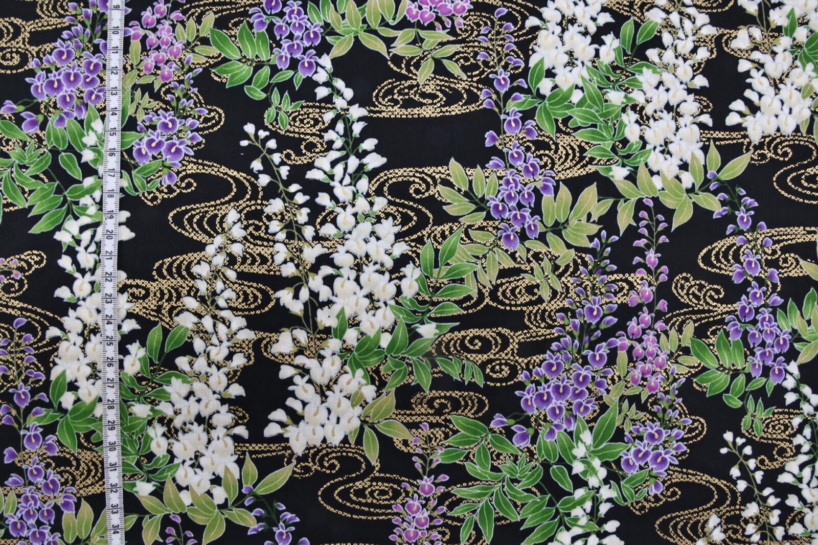 Japanese fabric wisteria Fuji flowers gold on black