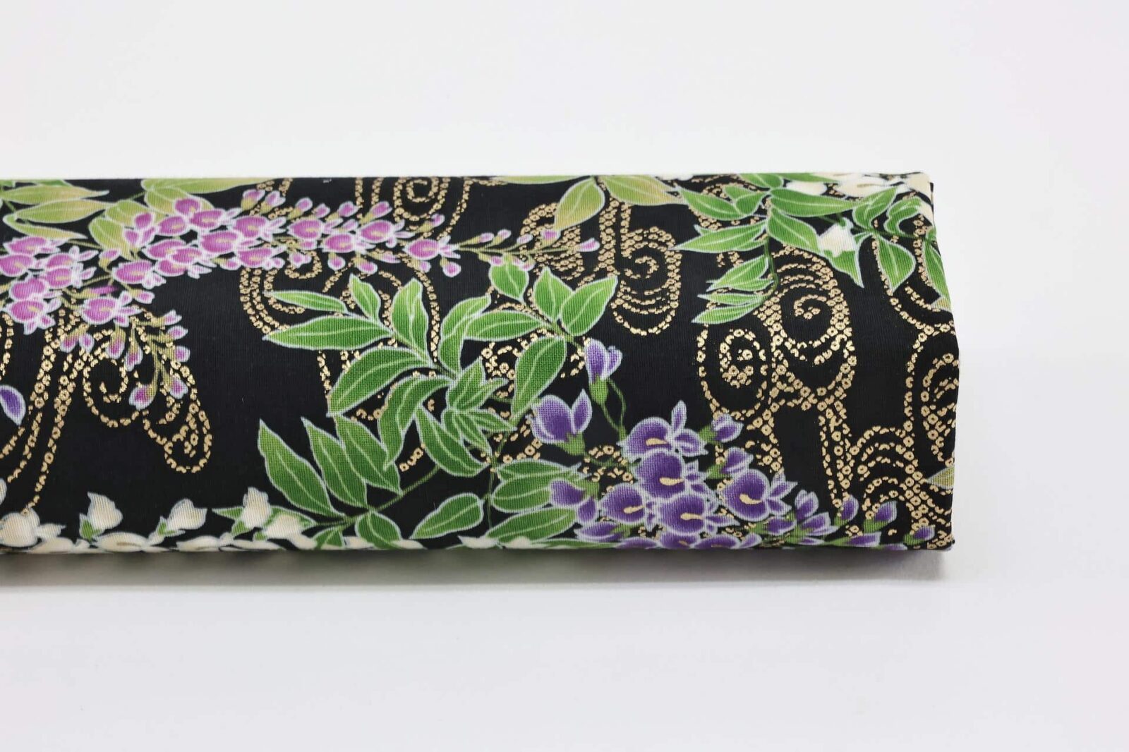 Japanese fabric wisteria Fuji flowers gold on black