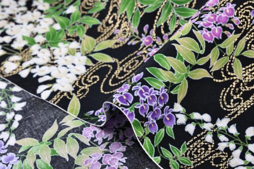 Japanese fabric wisteria Fuji flowers gold on black