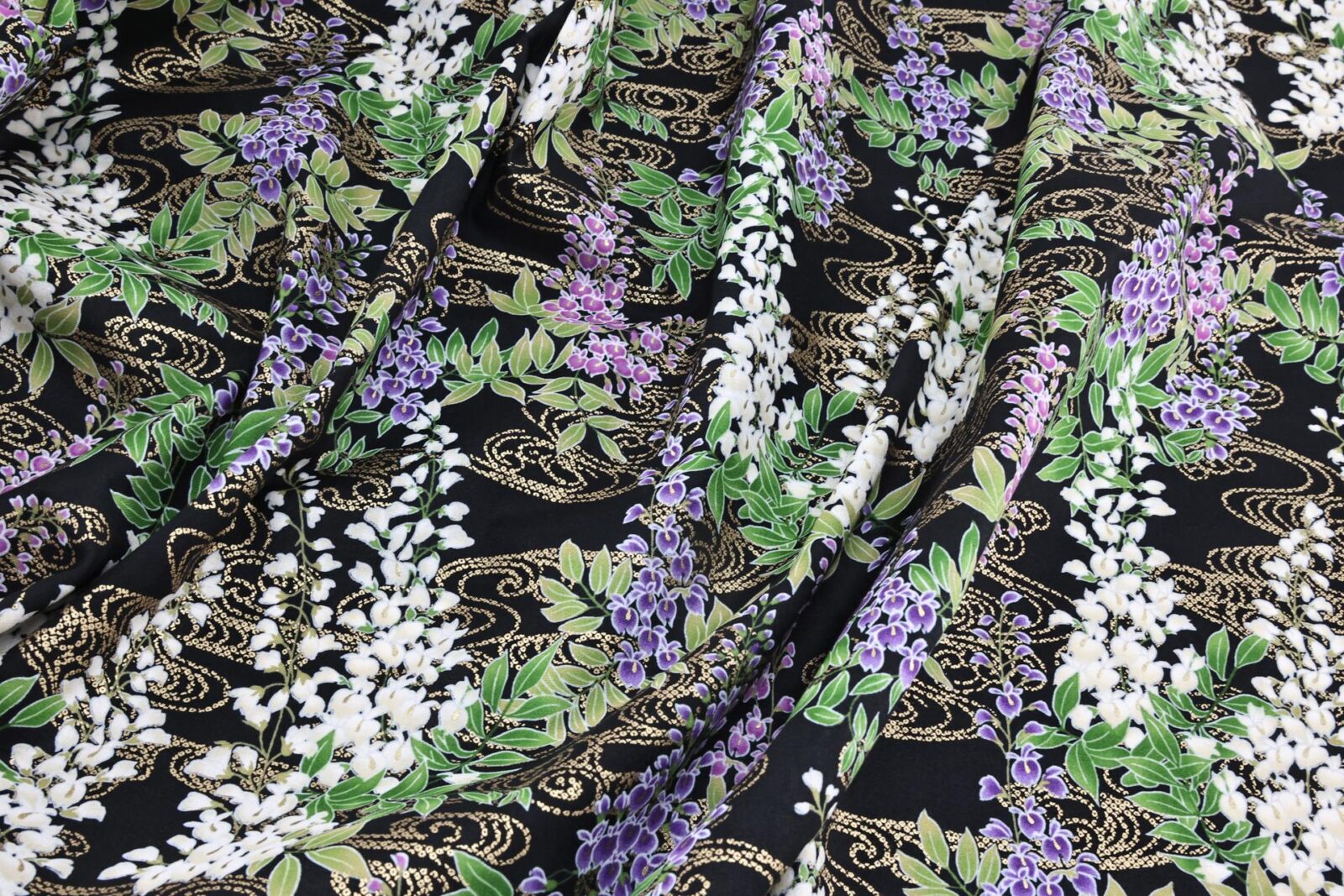 Japanese fabric wisteria Fuji flowers gold on black