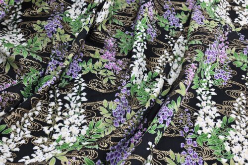 Japanese fabric wisteria Fuji flowers gold on black