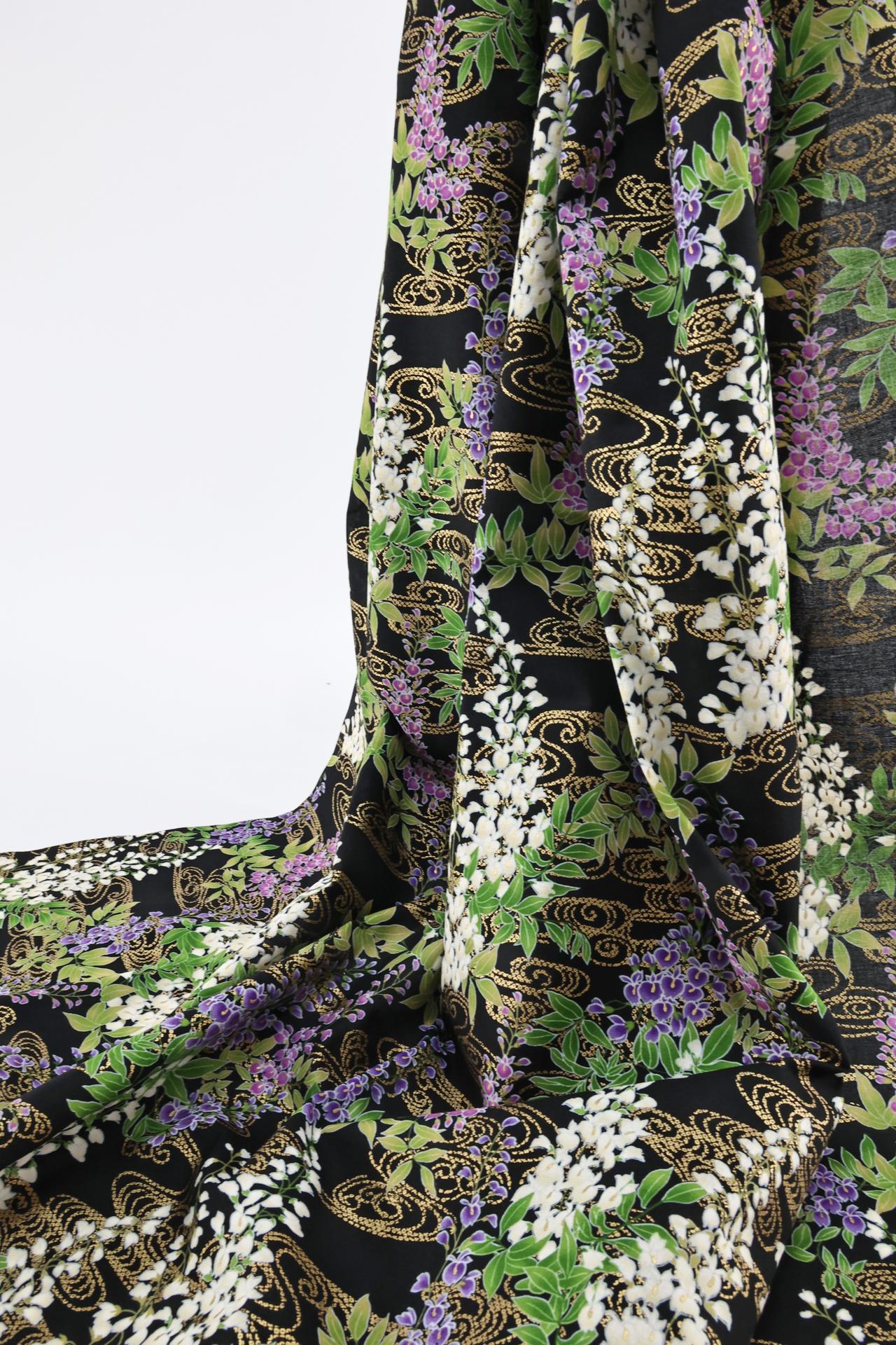Japanese fabric wisteria Fuji flowers gold on black