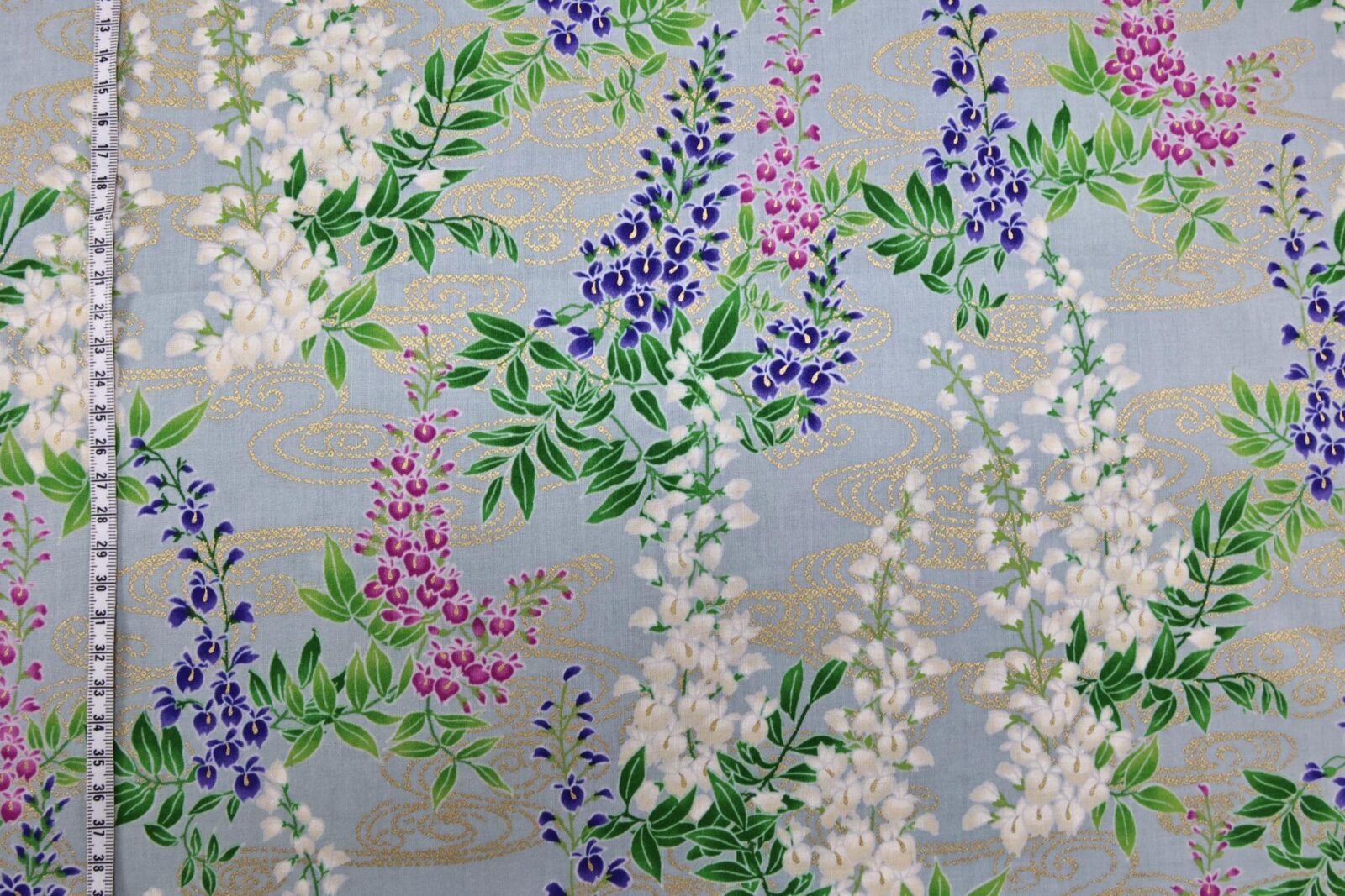 Japanese fabric wisteria Fuji flowers gold on blue