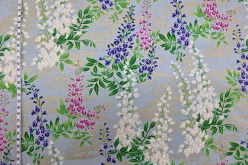 Japanese fabric wisteria Fuji flowers gold on blue