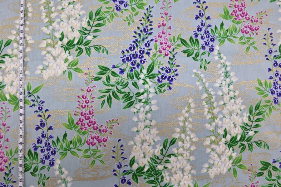 Japanese fabric wisteria Fuji flowers gold on blue