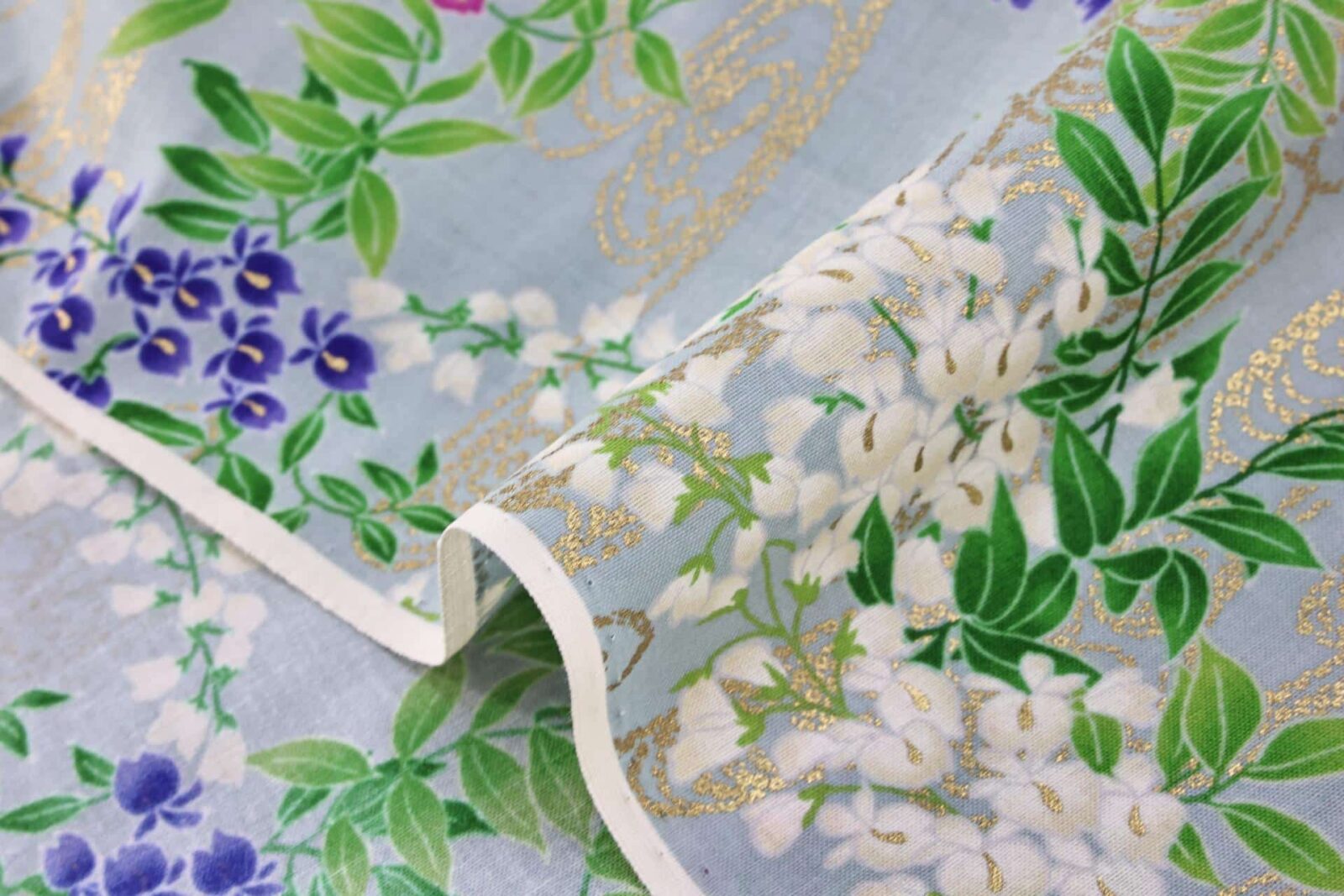 Japanese fabric wisteria Fuji flowers gold on blue