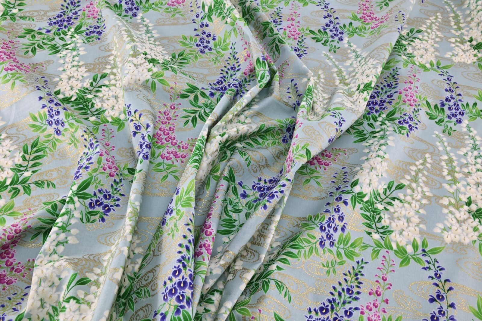 Japanese fabric wisteria Fuji flowers gold on blue