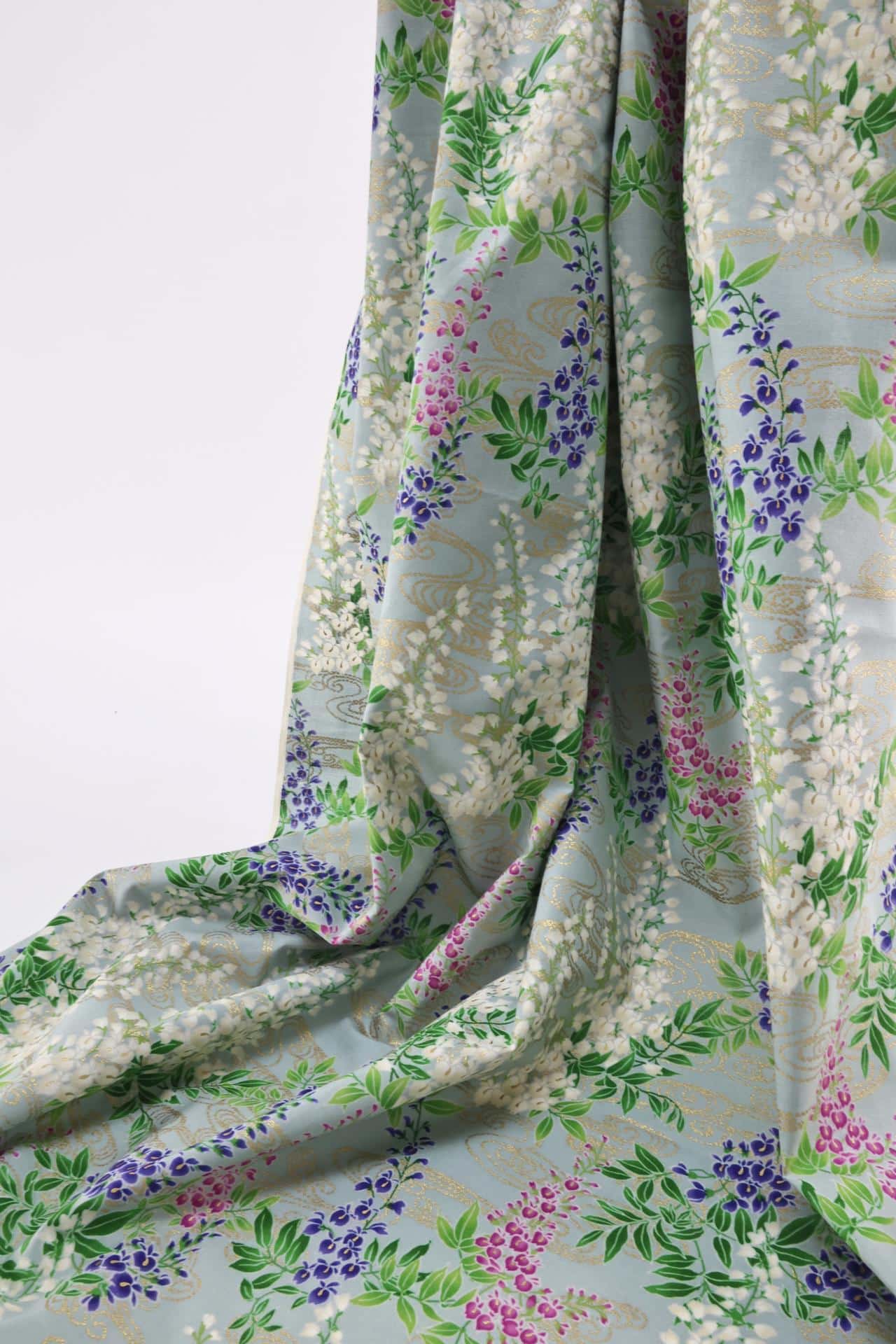 Japanese fabric wisteria Fuji flowers gold on blue