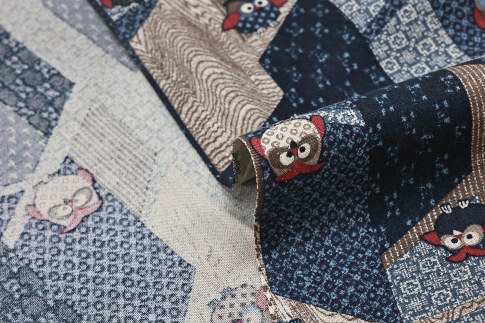 Japanese fabric with owls on stylized trees