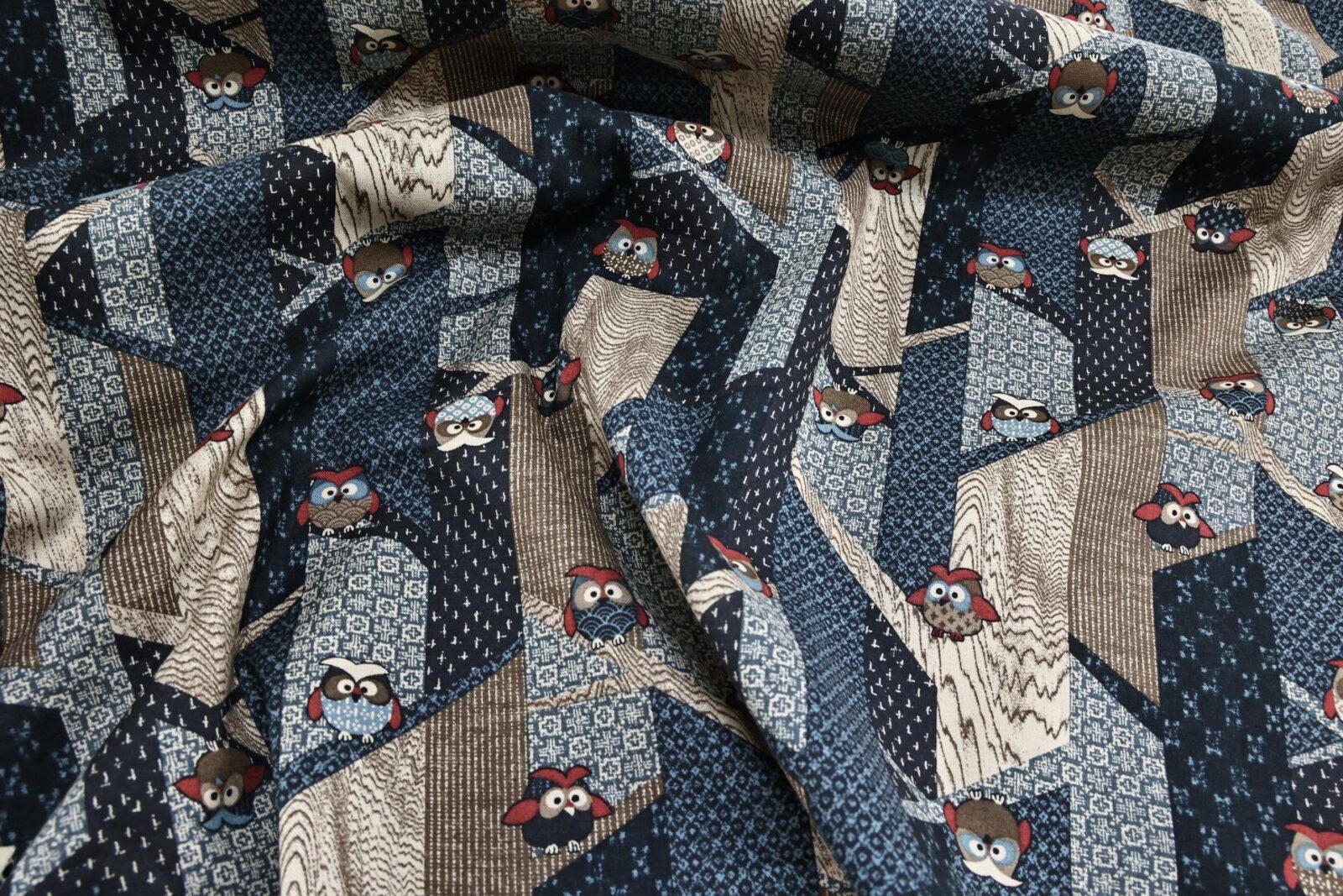 Japanese fabric with owls on stylized trees