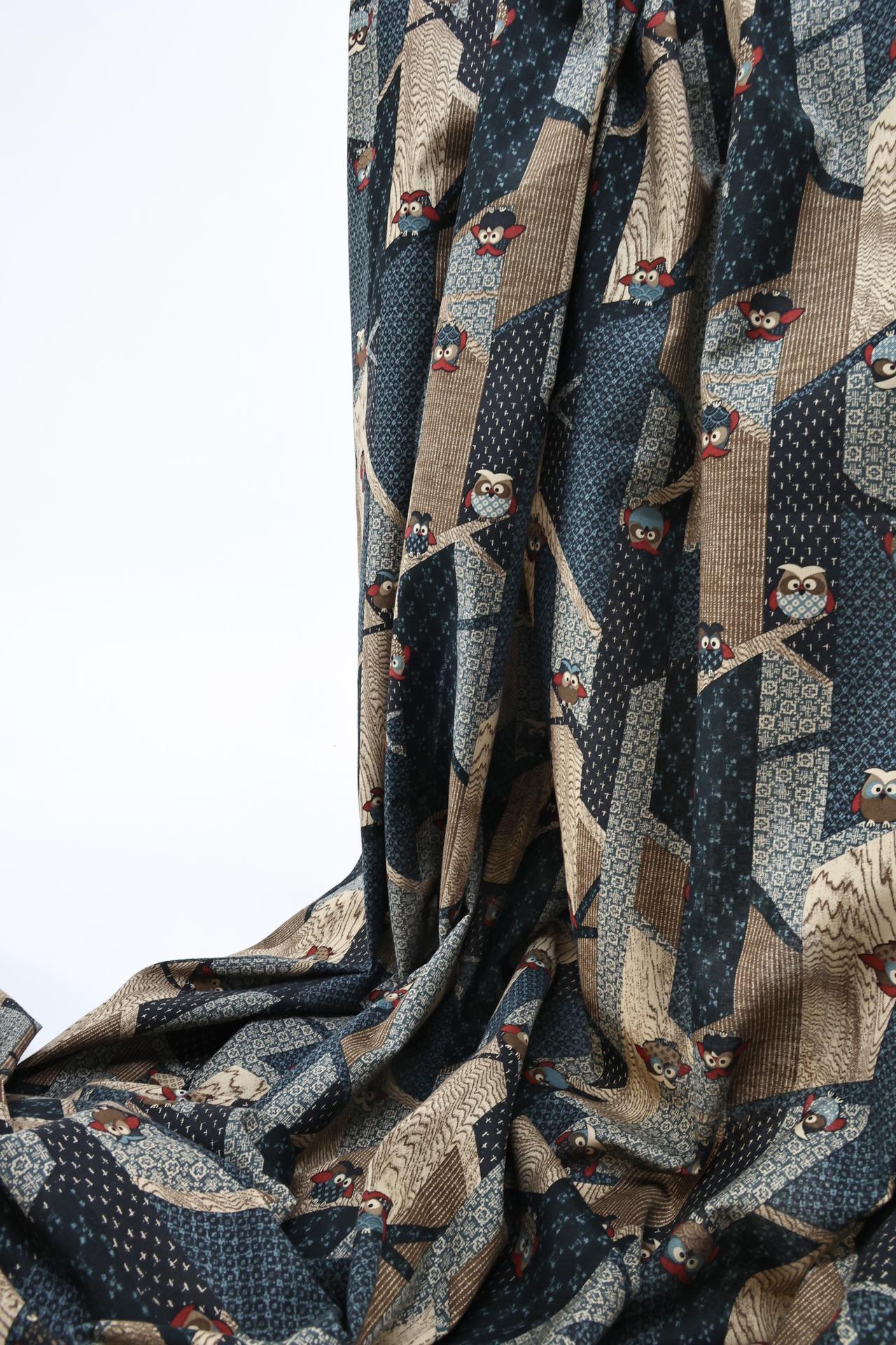 Japanese fabric with owls on stylized trees
