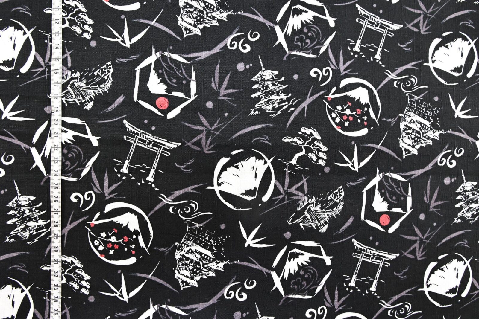 Japanese symbols fabric cotton dobby black background
