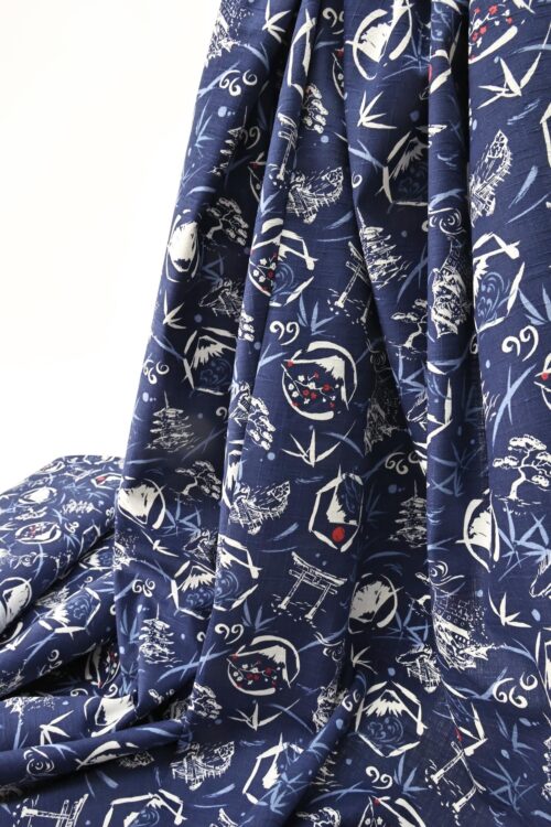 Japanese symbols fabric cotton dobby blue background