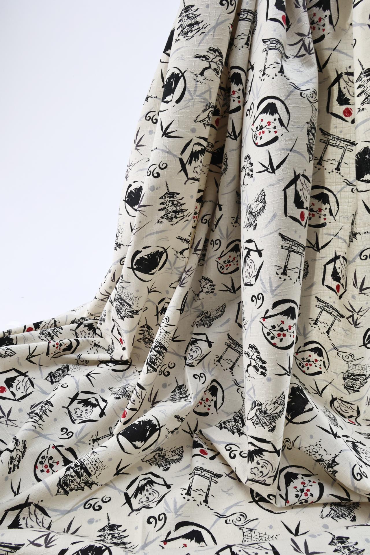 Japanese symbols fabric cotton dobby white background