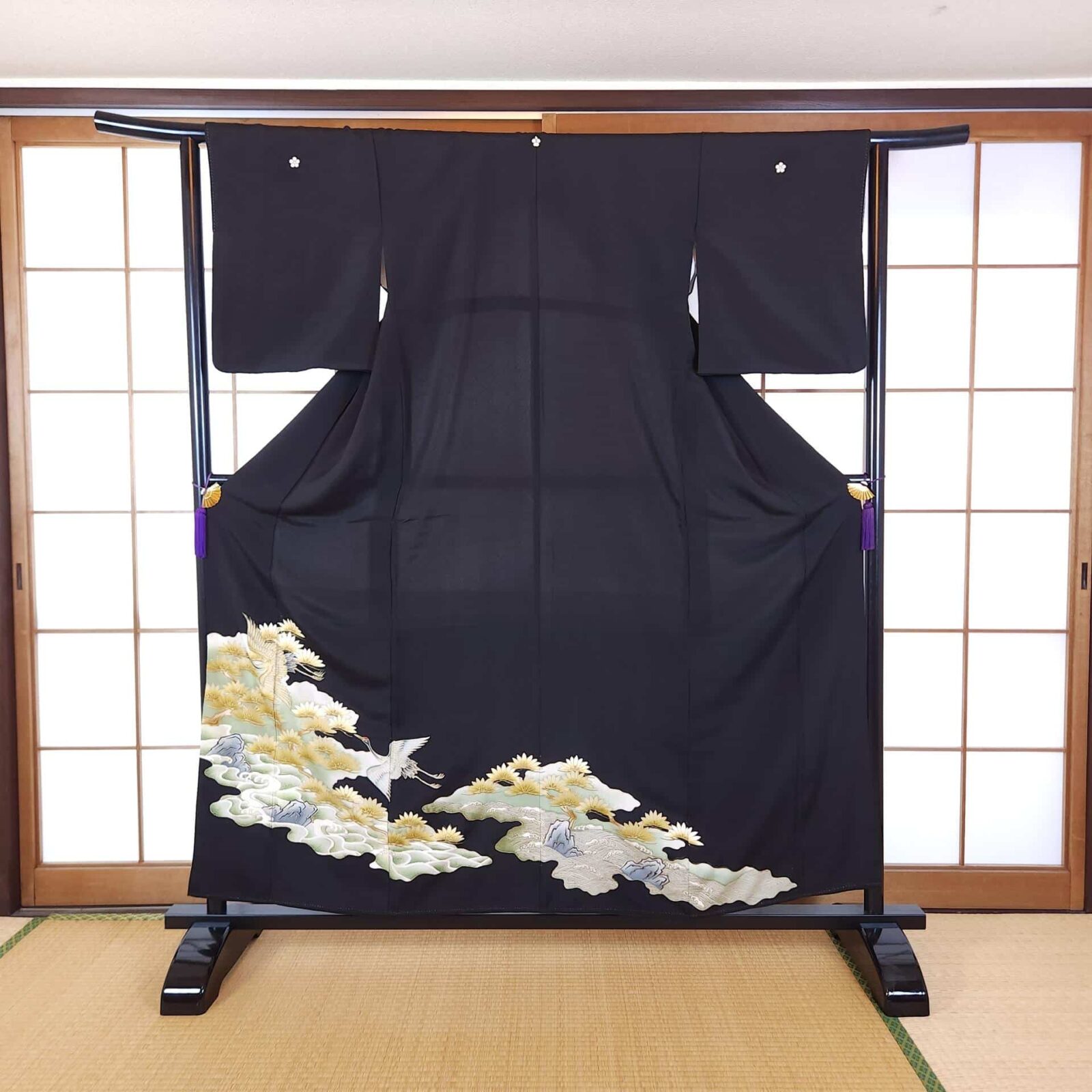 Kuro Tomesode Kimono with cranes and golden pines