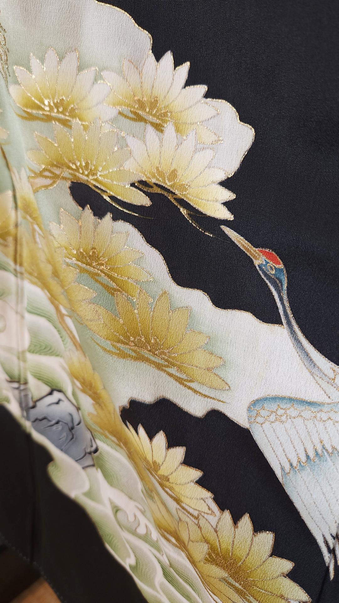 Kuro Tomesode Kimono with cranes and golden pines