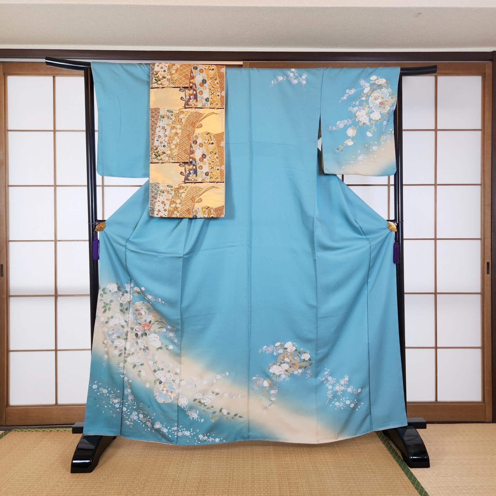 Sky blue Houmongi Kimono with flowers and Yukiwa