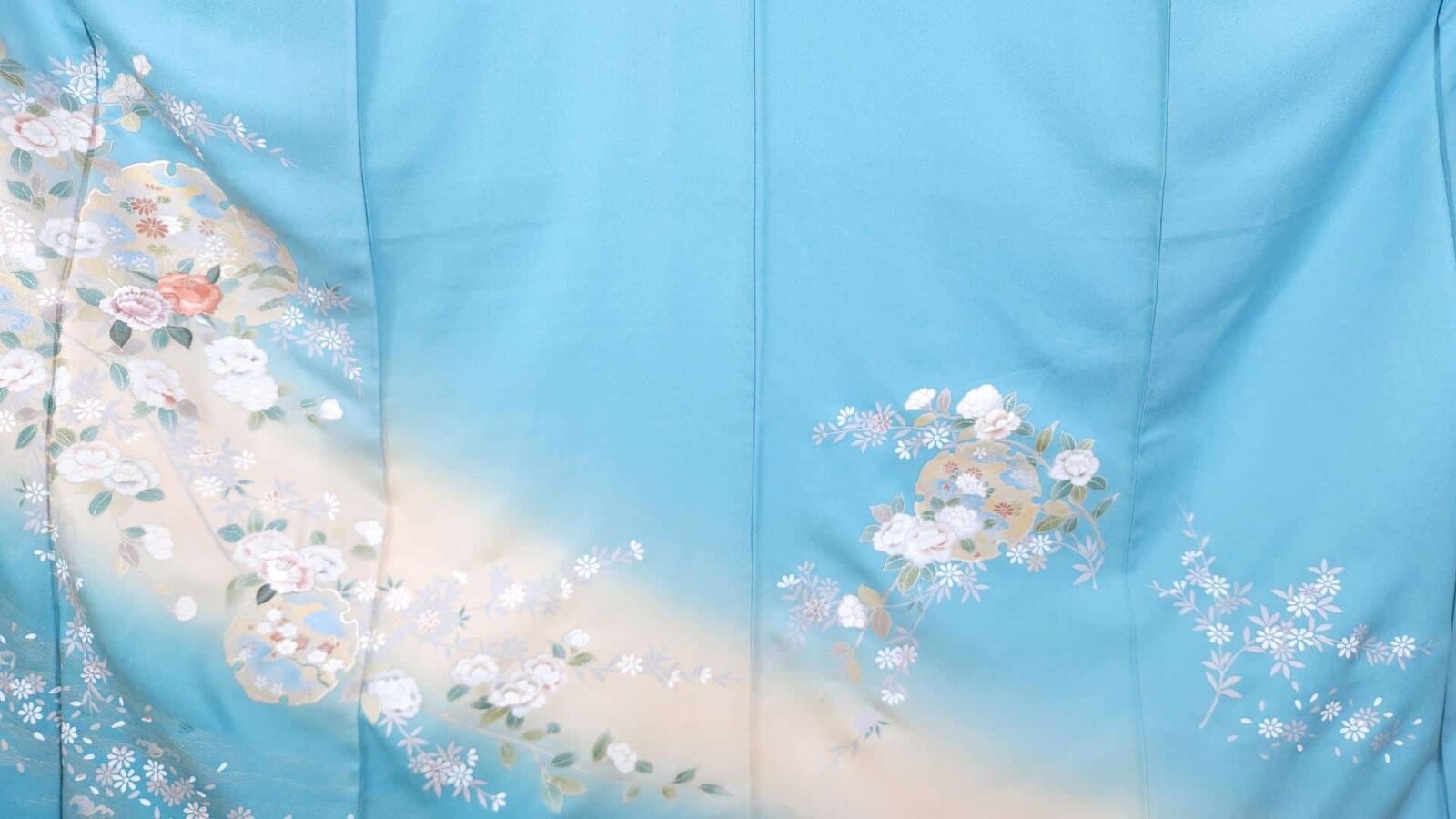Sky blue Houmongi Kimono with flowers and Yukiwa