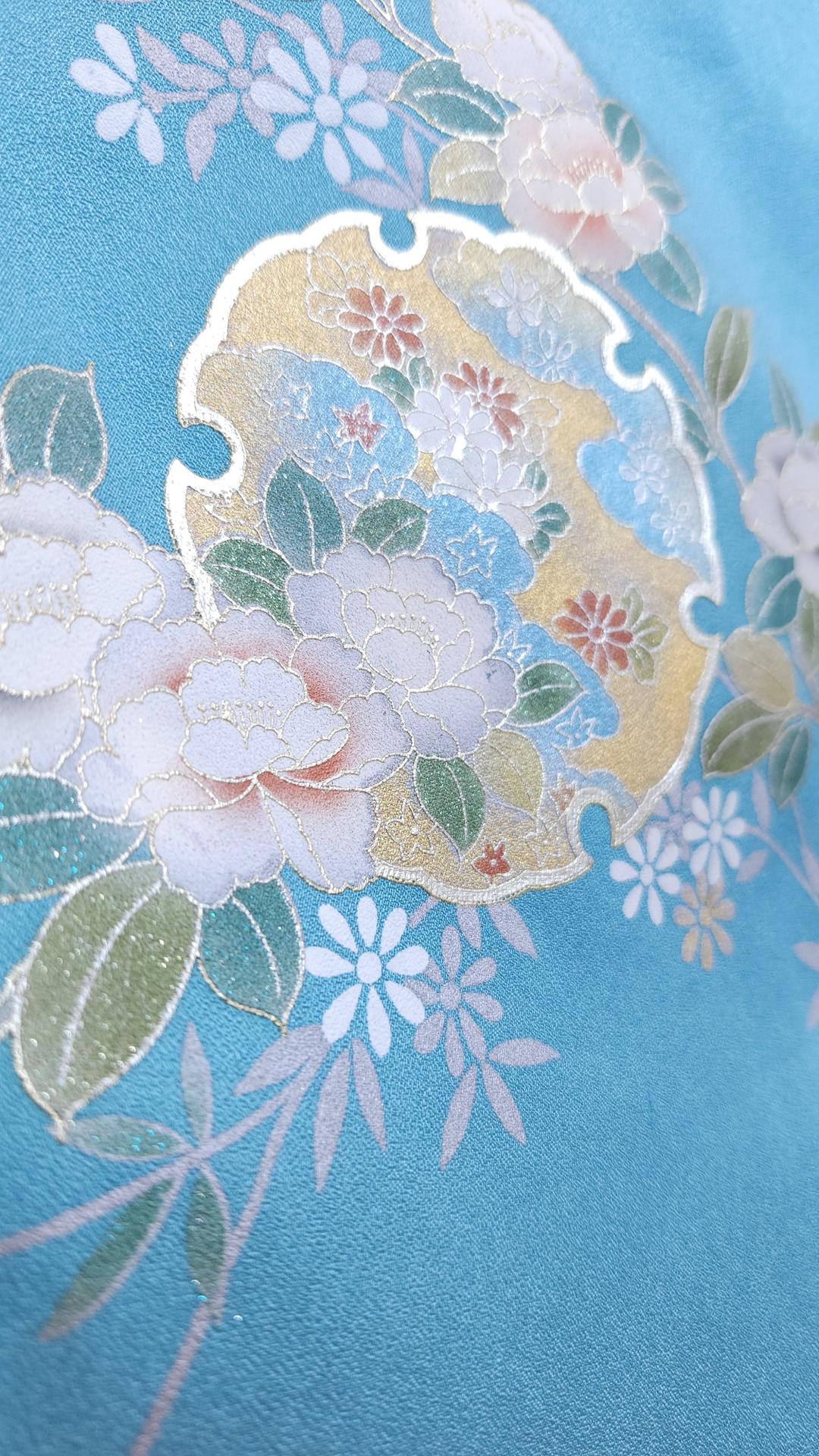 Sky blue Houmongi Kimono with flowers and Yukiwa
