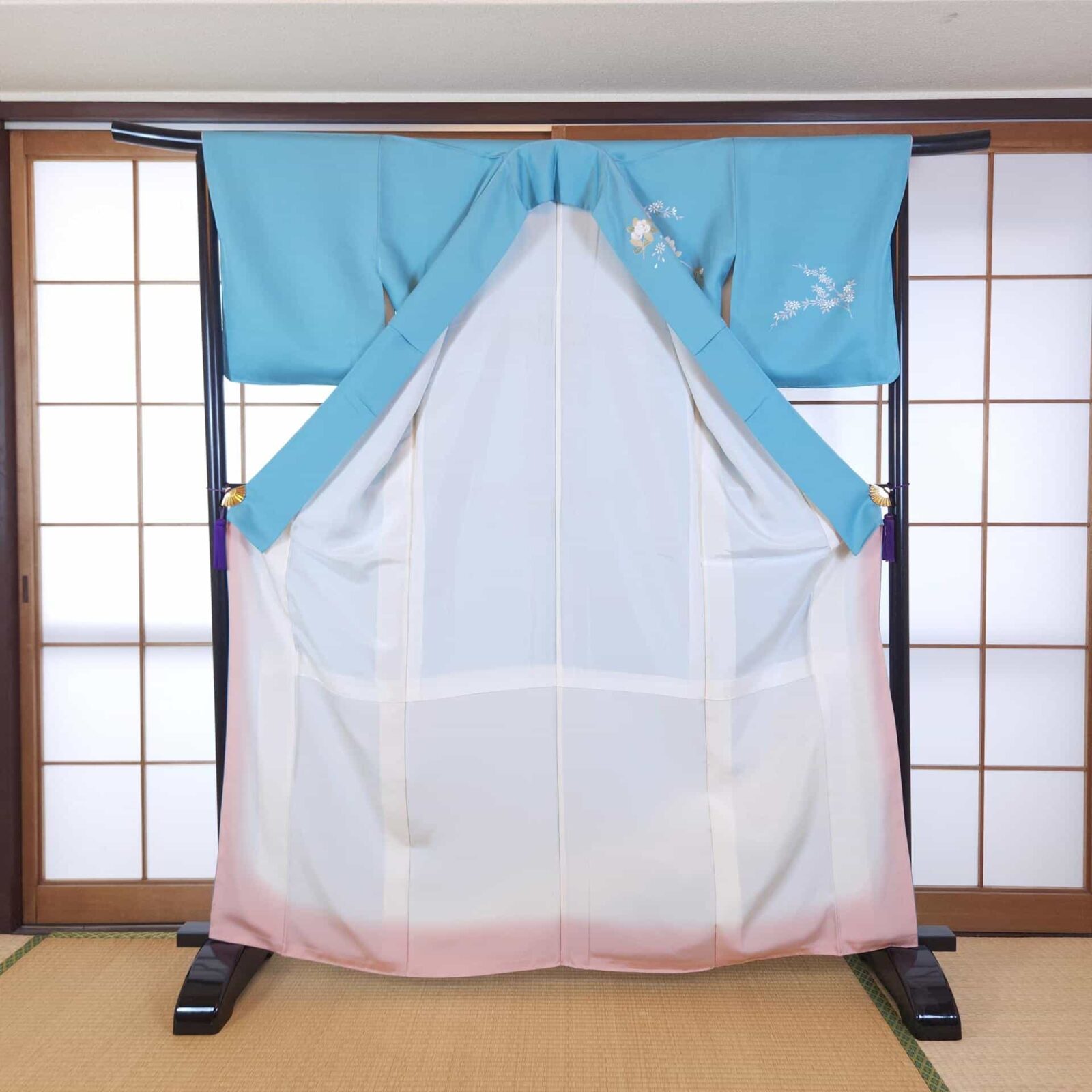 Sky blue Houmongi Kimono with flowers and Yukiwa