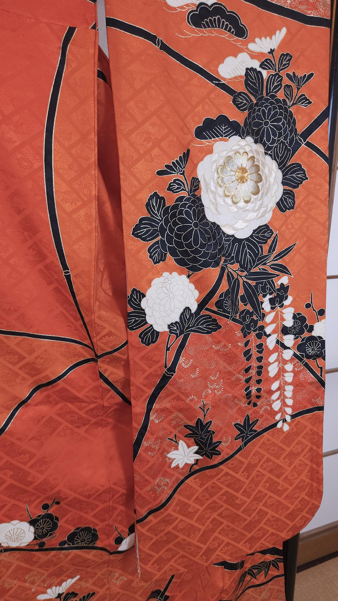 Vibrant orange Furisode with golden chrysanthemums