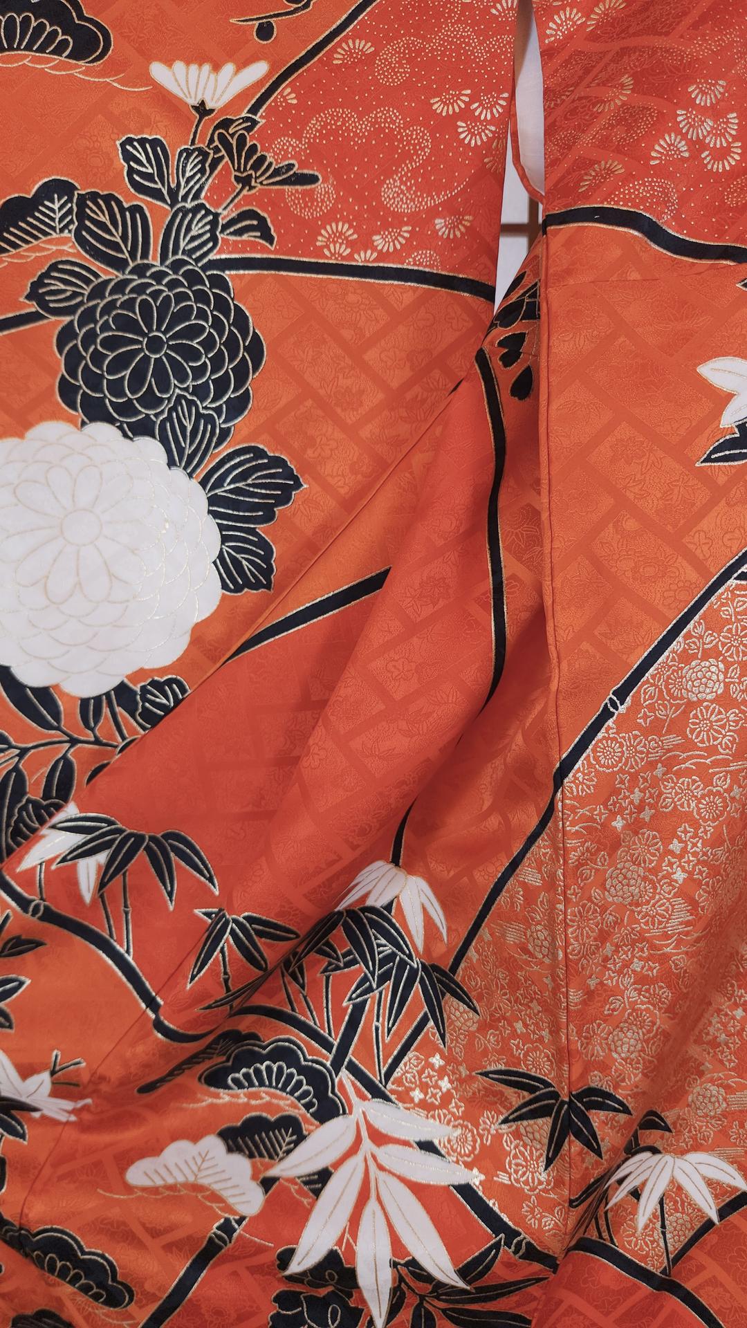 Vibrant orange Furisode with golden chrysanthemums