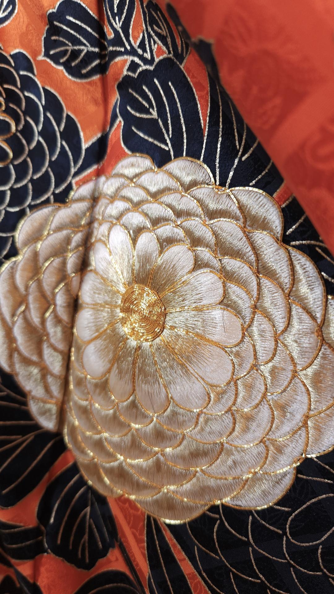 Vibrant orange Furisode with golden chrysanthemums