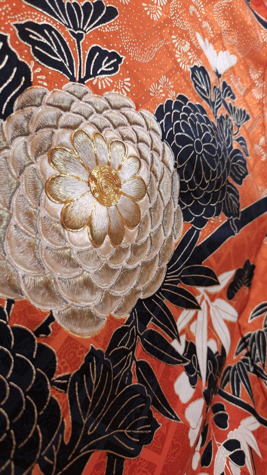 Vibrant orange Furisode with golden chrysanthemums