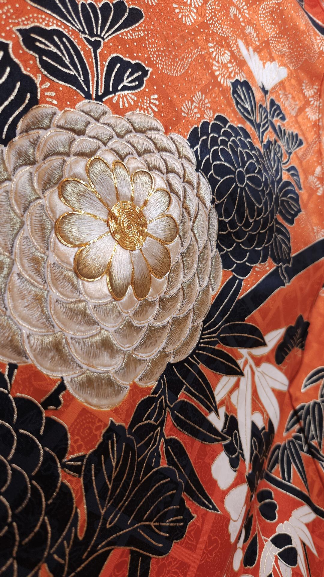 Vibrant orange Furisode with golden chrysanthemums