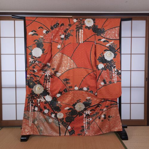 Vibrant orange Furisode with golden chrysanthemums
