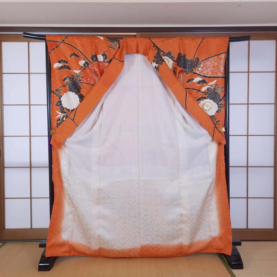 Vibrant orange Furisode with golden chrysanthemums