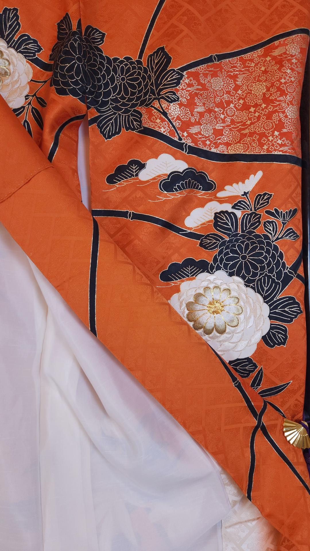 Vibrant orange Furisode with golden chrysanthemums
