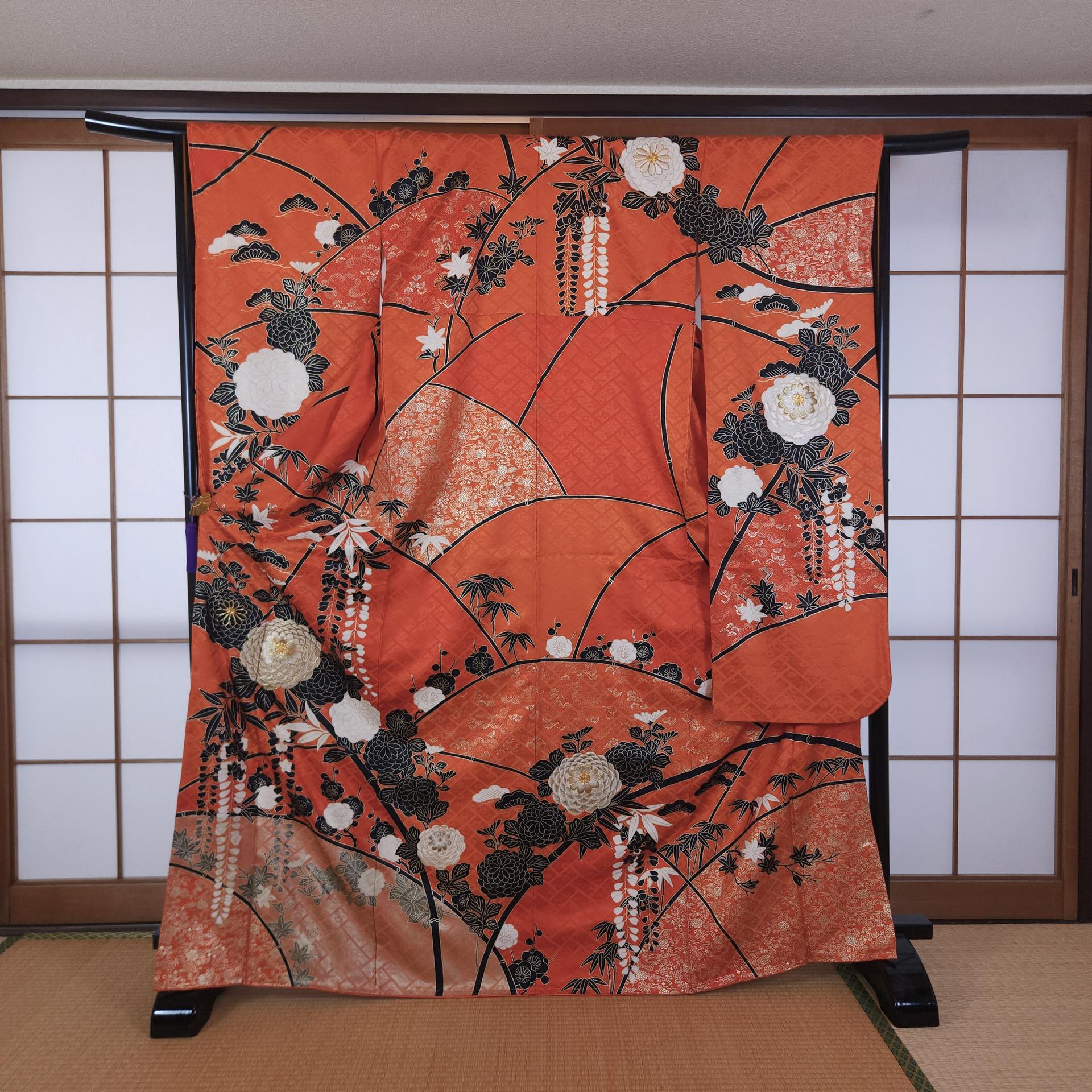 Vibrant orange Furisode with golden chrysanthemums
