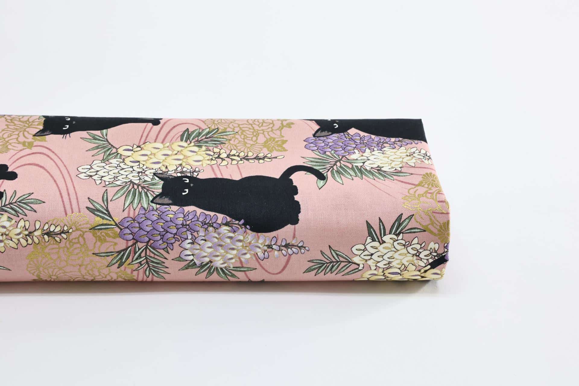 Black cat and Fuji flower fabric pink background