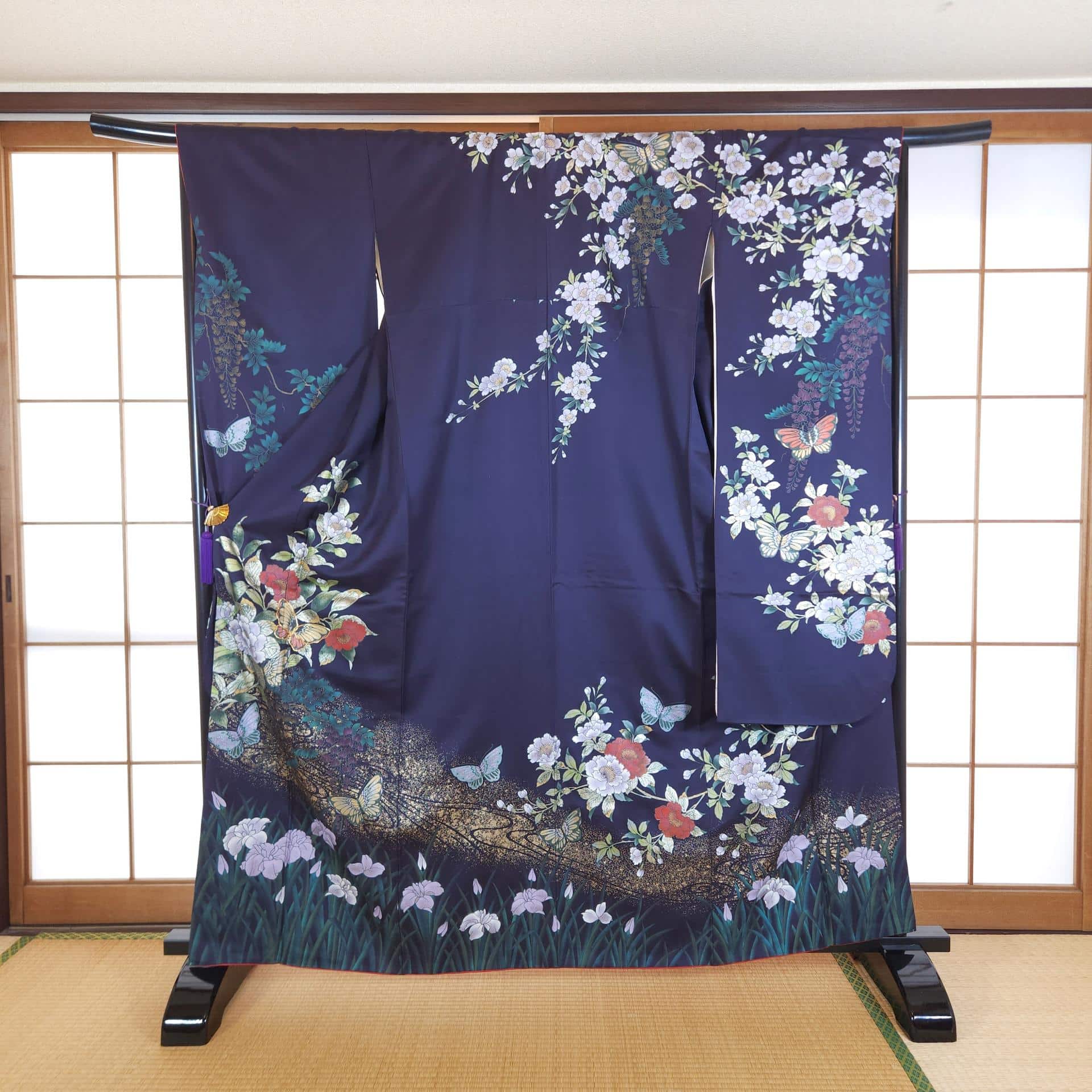 Midnight blue Furisode with flowers and butterflies