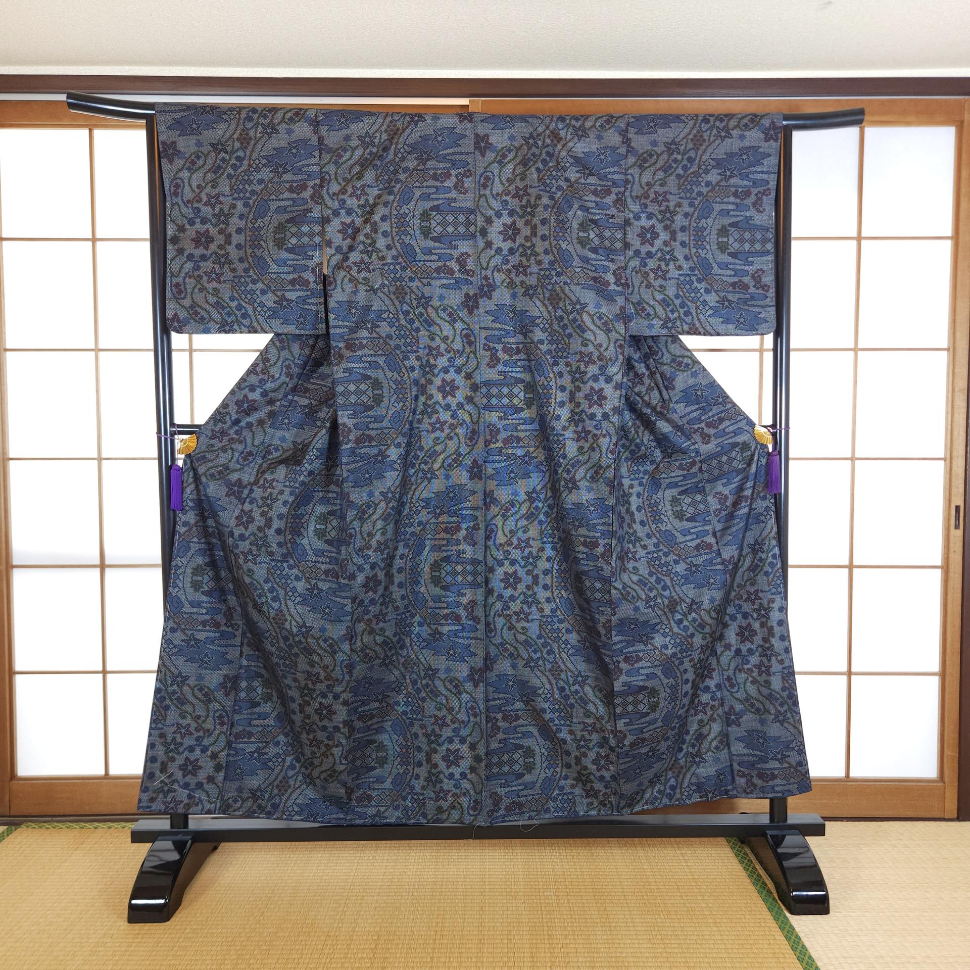 Navy blue Tsumugi Kimono geometric patterns