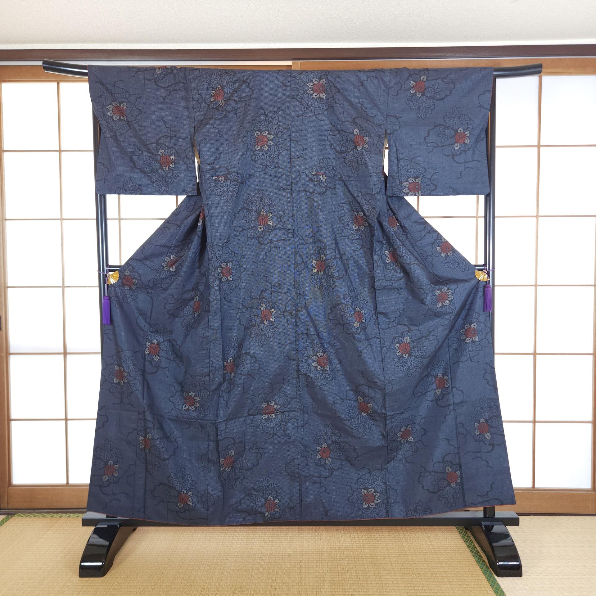 Navy blue floral Tsumugi Kimono
