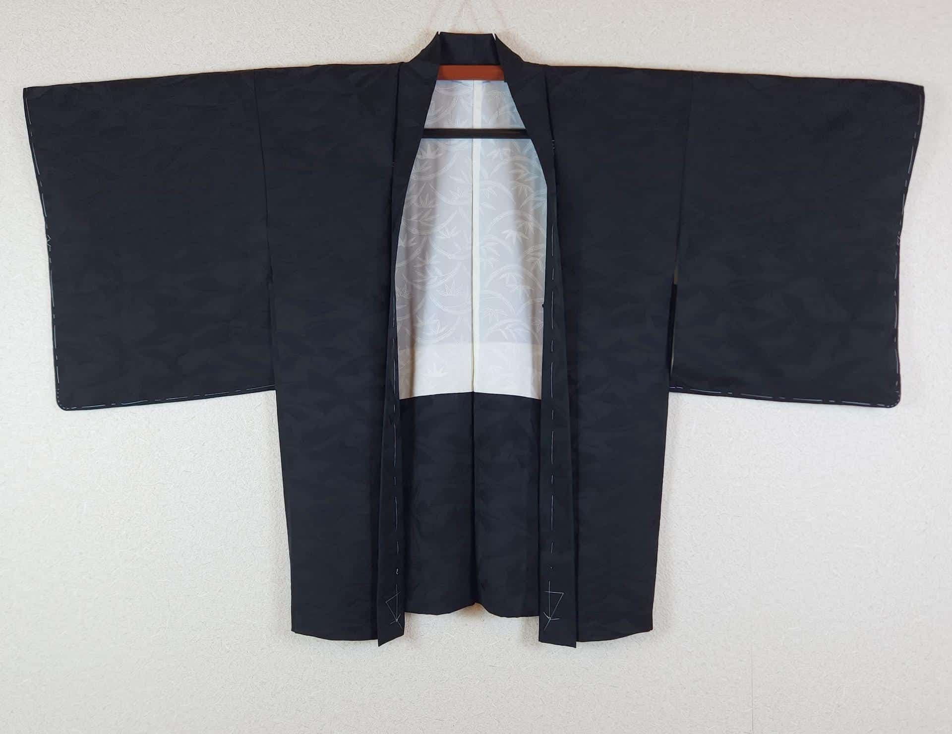 Black Jacquard Haori with stylized butterflies