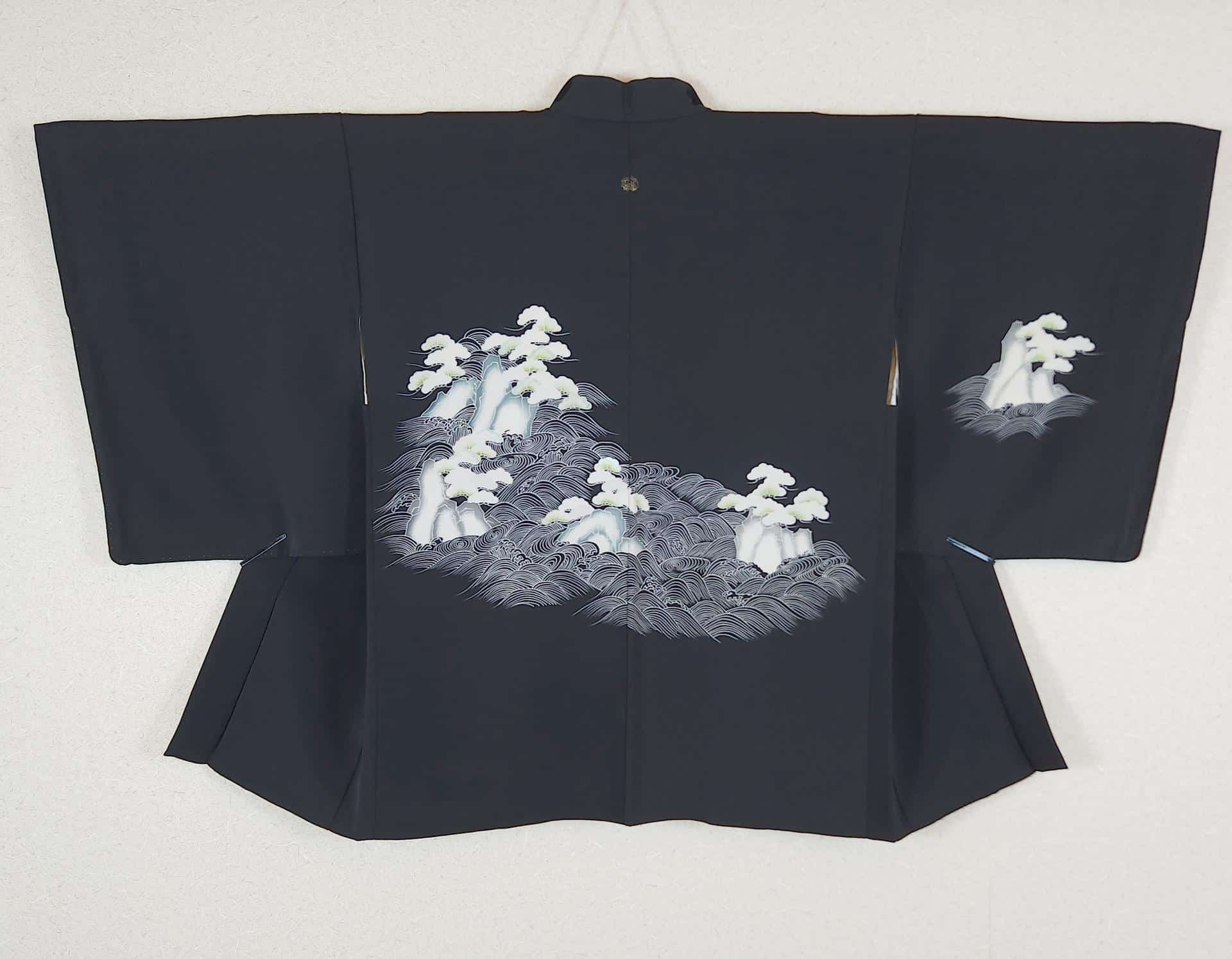 Black Japanese Yuzen Haori with pines and rocks