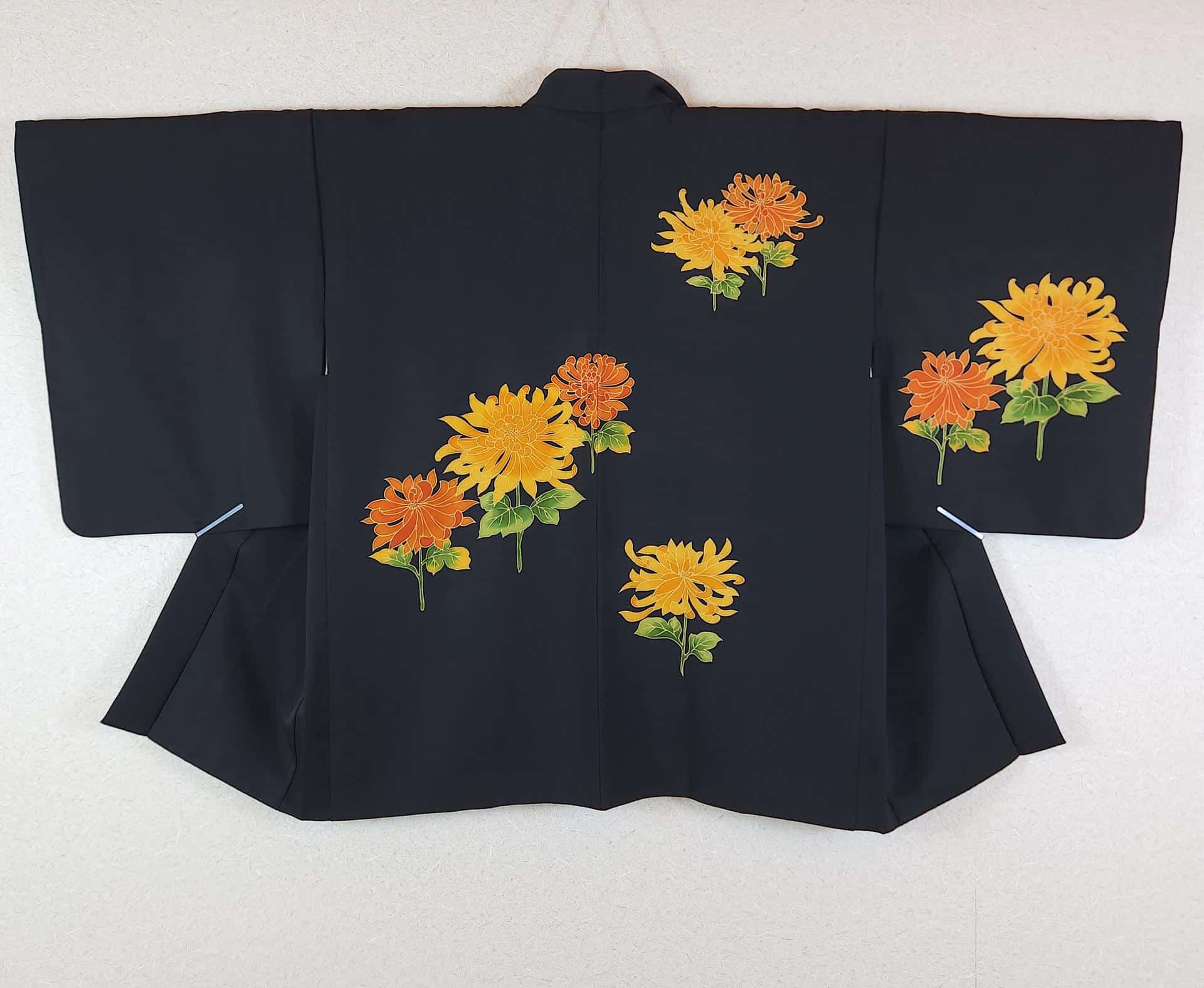 Black Yuzen Haori with yellow orange Chrysanthemums