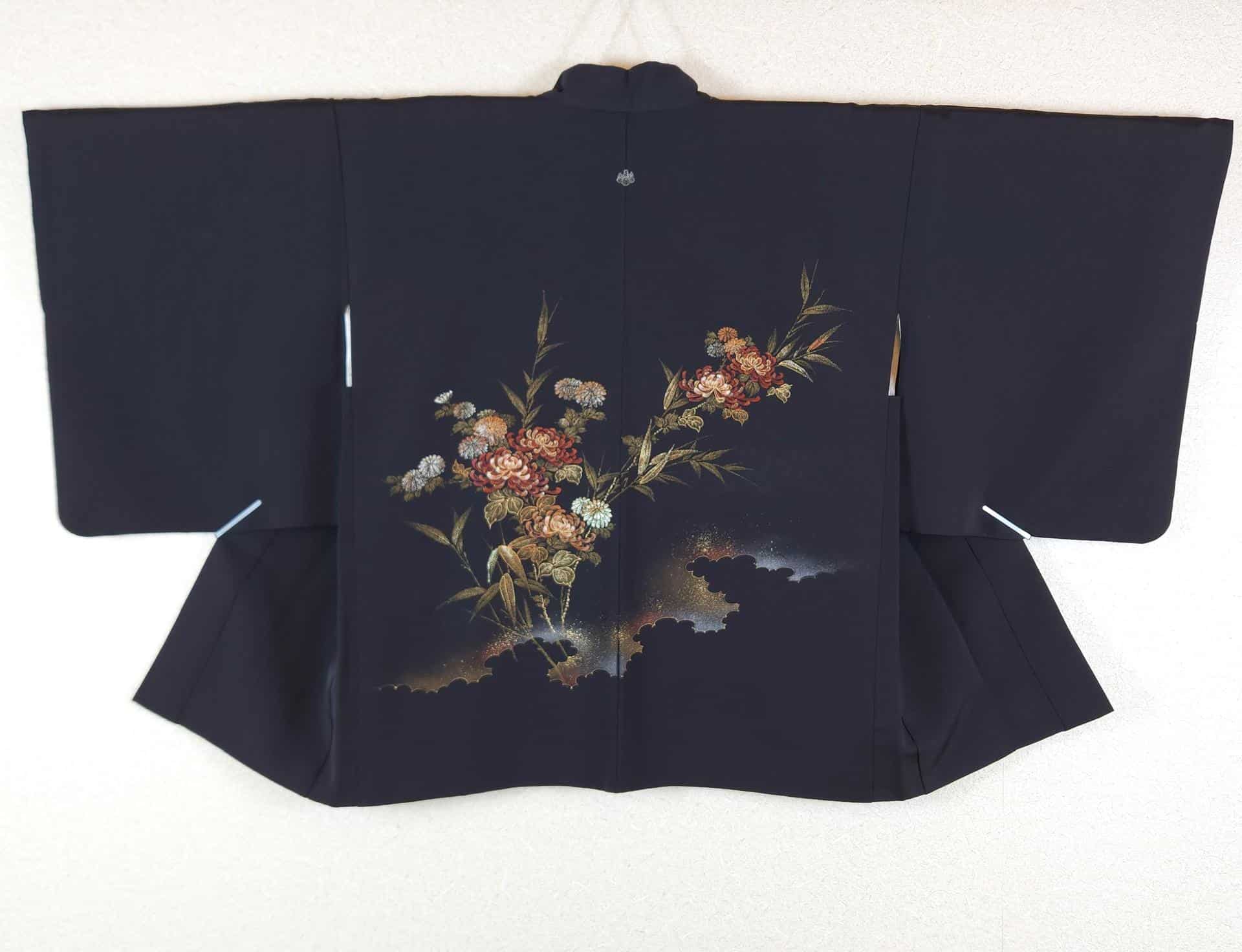 Black jacquard Haori with golden chrysanthemums