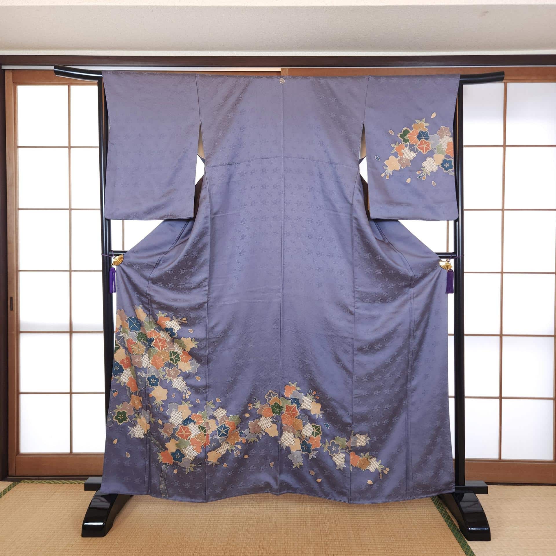 Blue gray Yuzen Kimono Houmongi Asagao Sakura