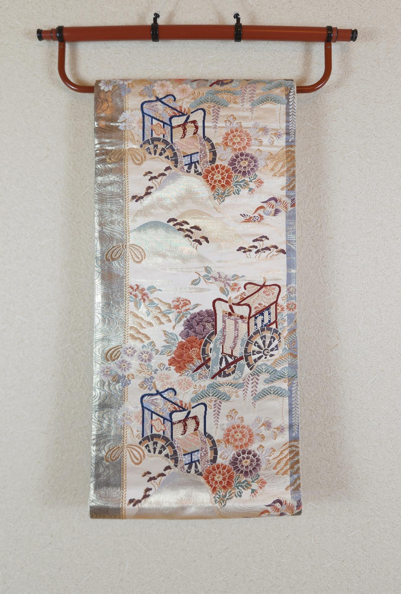 Gold brocade Fukuro Obi with floral carts