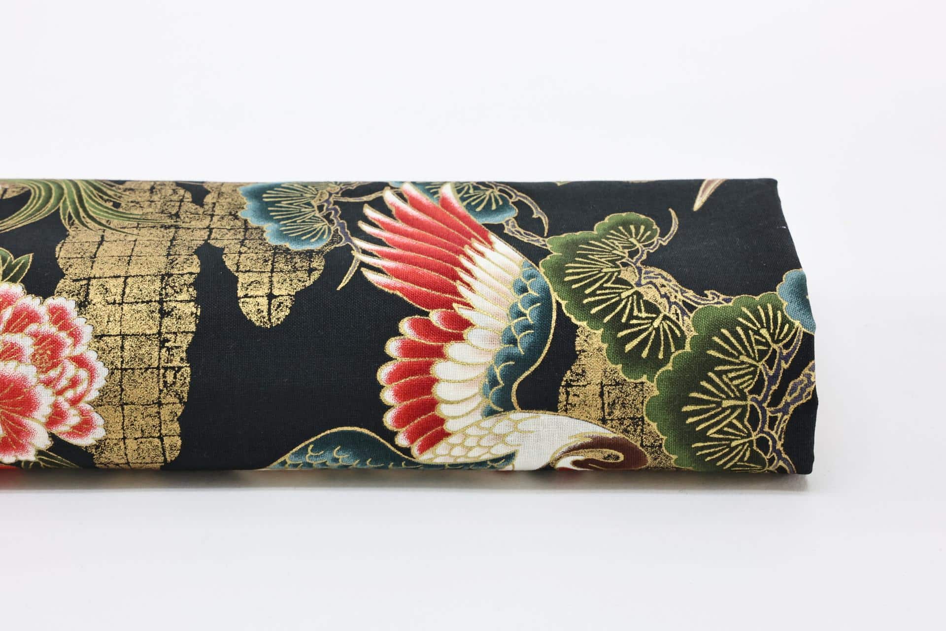 Japanese Tsuru Kame fabric golden clouds black background