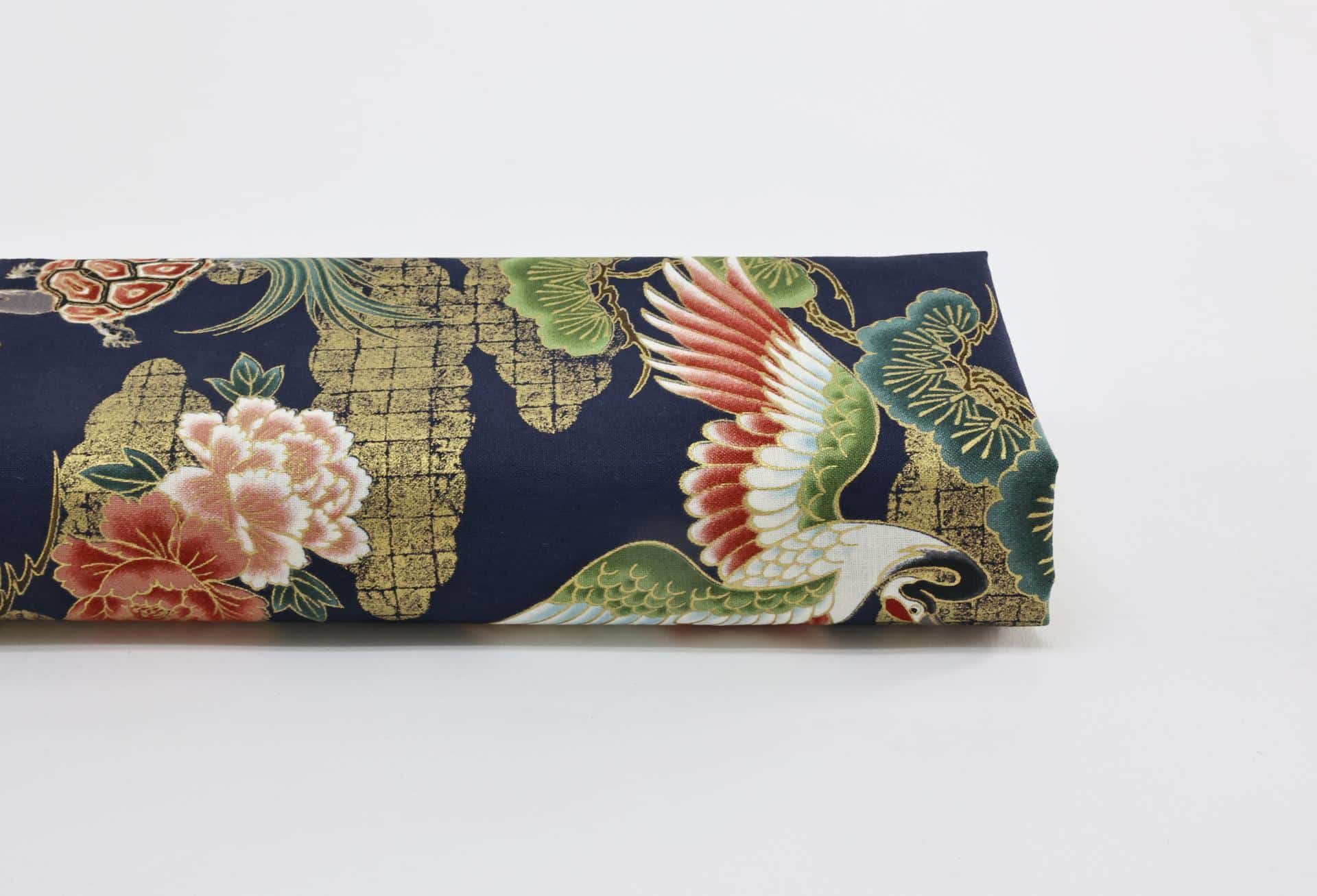 Japanese Tsuru Kame fabric golden clouds blue background