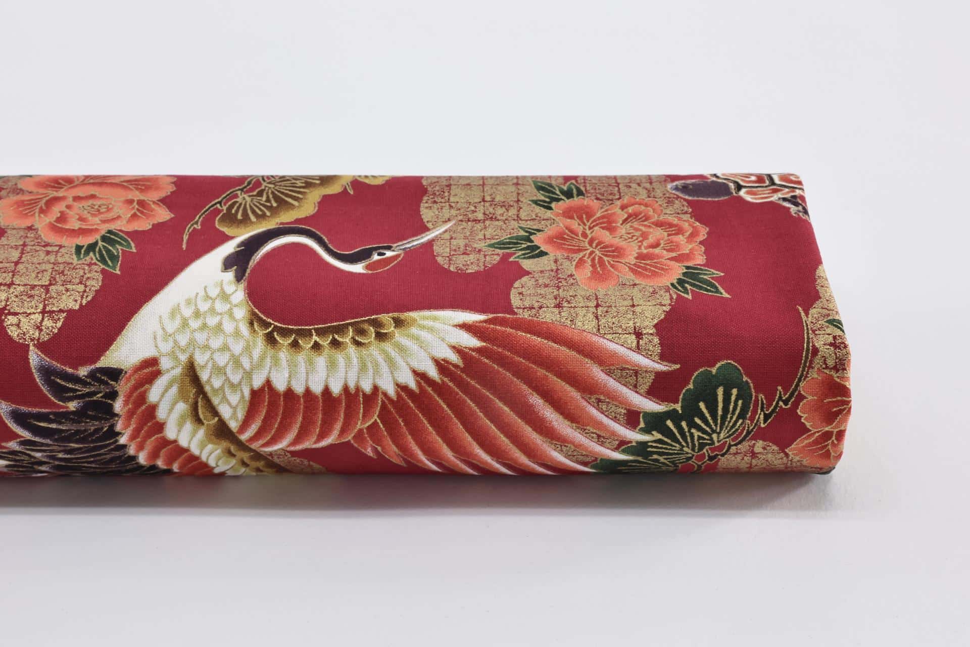 Japanese Tsuru Kame fabric golden clouds red background